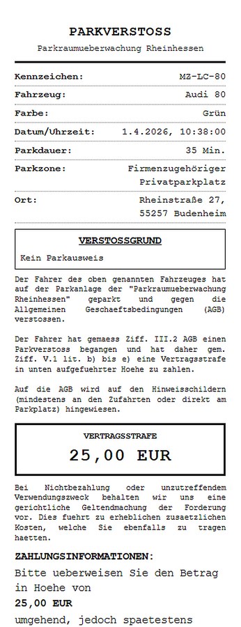Beispiel eines vor Ort erstellten Parkverstoß-Belegs