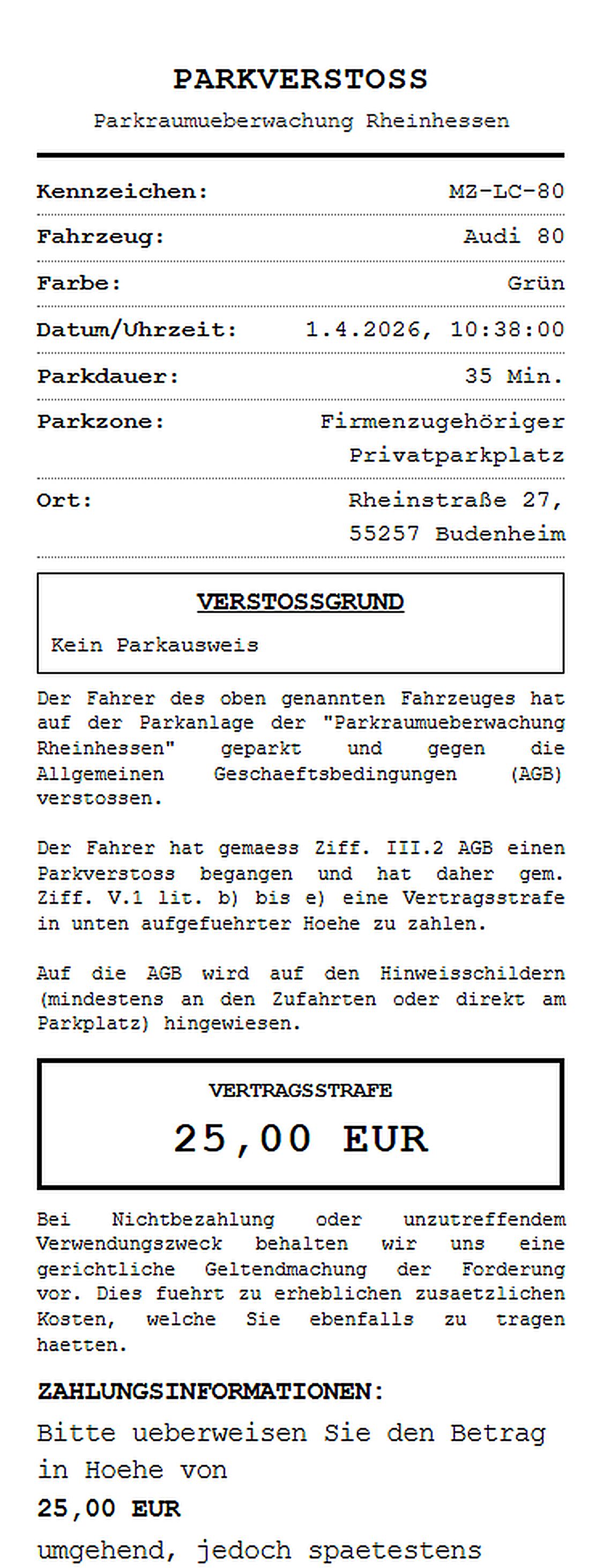 Beispiel eines vor Ort erstellten Parkverstoß-Belegs
